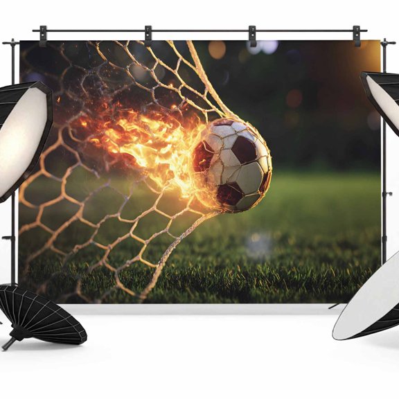 Flaming Soccer Photography Backdrop 12x8FT, Art Goal Net Powerful Fire Orange Grass Green Photo Backdrops, Background for Photography Studio Photo Studio Background, Back Drop for Photoshoot