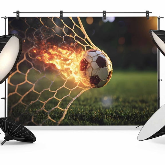 Flaming Soccer Photography Backdrop 7x5FT, Art Goal Net Powerful Fire Orange Grass Green Photo Backdrops, Background for Photography Studio Photo Studio Background, Back Drop for Photoshoot