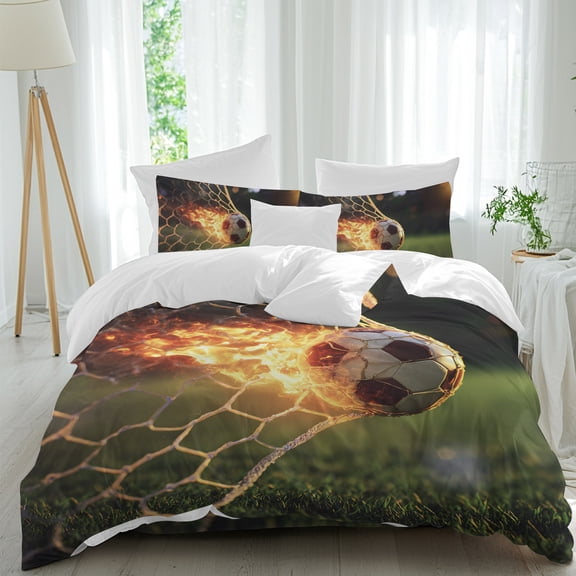 Flaming Soccer Queen Duvet Cover Set, Art Goal Net Powerful Fire Orange Grass Green 4 Piece Microfiber Bedding Set with Zipper Closure, Bed Sheet and 2 Pillow Shams, Soft Bedding Cover