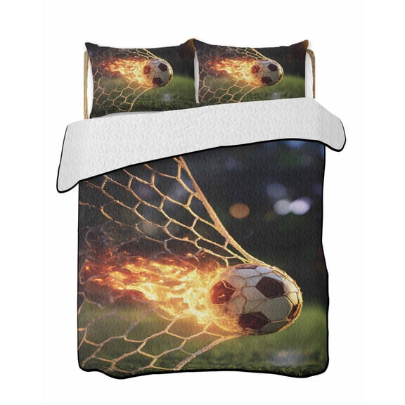 Flaming Soccer Quilts Bedding Set Twin Size Art Goal Net Powerful Fire Orange Grass Green Lightweight Quilted Bedspread 3 Piece Bed Quilt with 2 Pillow Shams All Season for Bedroom 68" x 86"