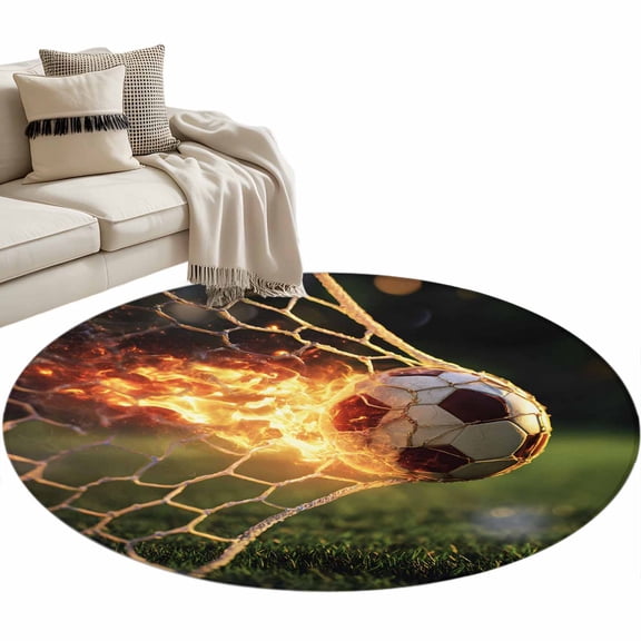 Flaming Soccer Round Area Rugs 3 ft, Art Goal Net Powerful Fire Orange Grass Green Washable Small Area Rug with Non-Slip Sturdy Edge Binding Round Front Door Mat Floor Carpet for Entryway