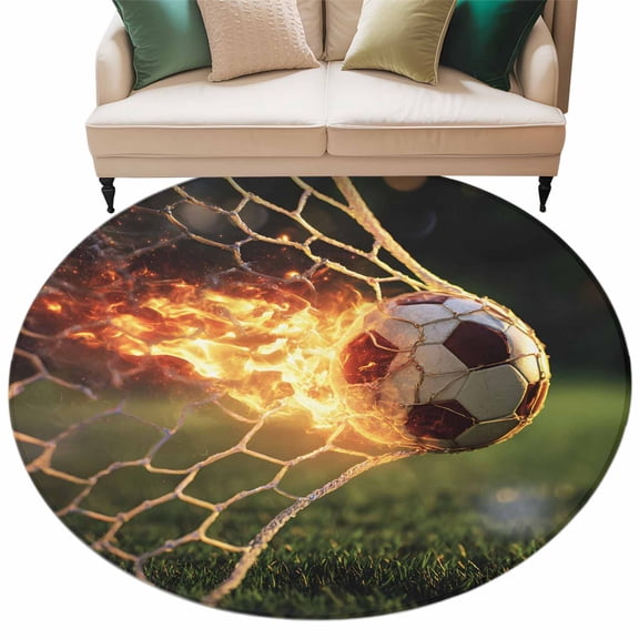 Flaming Soccer Round Living Room Rugs 6 ft, Art Goal Net Powerful Fire Orange Grass Green Washable Area Rug with Non-Slip Sturdy Edge Binding Round Carpet for Kitchen Office Bedroom