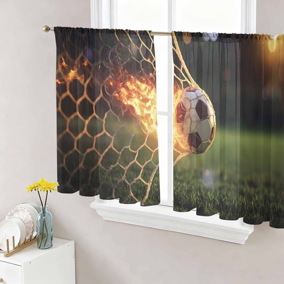 Flaming Soccer Sheer Curtains for Living Room Bedroom, Art Goal Net Powerful Fire Orange Grass Green Light Filtering Sheer Curtain Rod Pocket Voile Window Treaments Drapes, 52 x 45 Inches