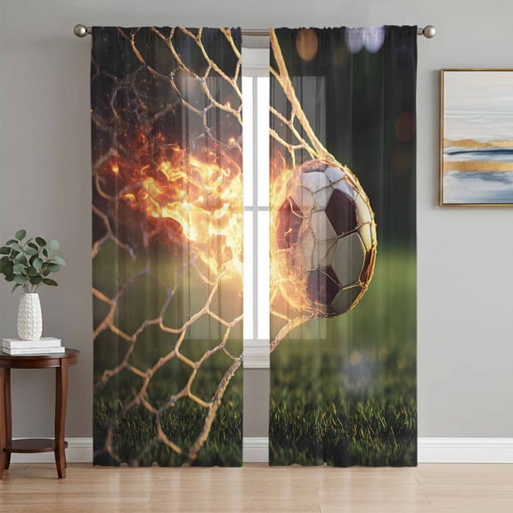 Flaming Soccer Sheer Curtains for Living Room Bedroom Goal Net Powerful Fire Orange Grass Green Sheer Curtains 108 Inch Long 2 Panels Set Light Filtering Curtain Window Treatments Dining Room Drapes