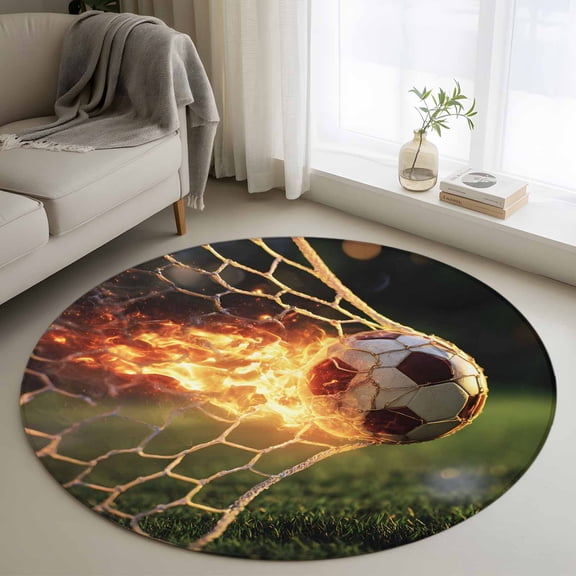 Flaming Soccer Small Round Rug 3Ft Art Goal Net Powerful Fire Orange Grass Green Area Rugs Washable Non Slip Indoor Floor Mats Circle Carpet for Living Room Bedroom Dining Room Home Decor