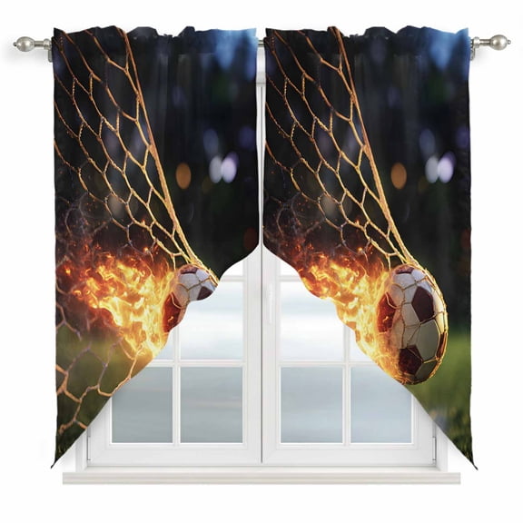 Flaming Soccer Swag Curtain Valance for Window 2 Panels Art Goal Net Powerful Fire Orange Grass Green Rod Pocket Small Window Swag Valances for Kitchen Bedroom Bathroom 28" W x 36" L
