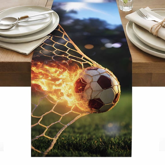 Flaming Soccer Table Runner Goal Net Powerful Fire Orange Grass Green Tablerunners 13 x 48 Inch, Table Decorations Tabletop Scarf for Summer Gathering Holiday Farmhouse Kitchen Dining Decor