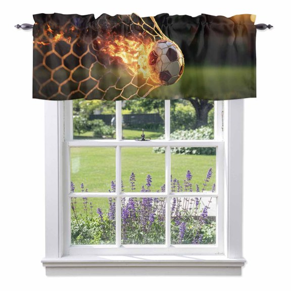 Flaming Soccer Valances for Windows, Art Goal Net Powerful Fire Orange Grass Green Rod Pocket Valance Short Window Treatments Curtains for Kitchen Bathroom Bedroom Decor, 42 x 18 Inches