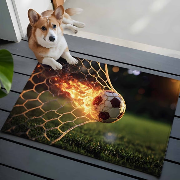 Flaming Soccer Washable Entry Rug 2x3 Art Goal Net Powerful Fire Orange Grass Green Low Pile Indoor Door Mat with Rubber Backing Thin Area Rug for for Entrance, Bedroom, Kitchen, Laundry, Bathroom