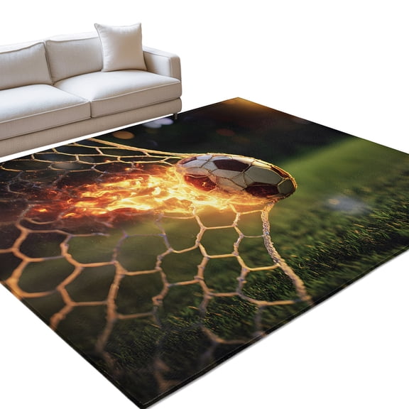 Flaming Soccer Washable Rug 5x8 Area Rug for Living Room Bedroom Non Slip Indoor Floor Rectangle Carpet Large Goal Net Powerful Fire Orange Grass Green Entryway Rugs for Dining Room Office Home