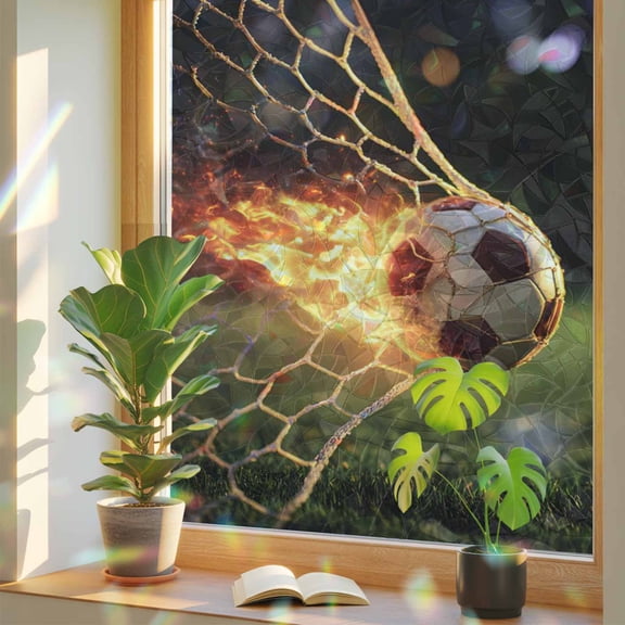 Flaming Soccer Window Privacy Film, Art Goal Net Powerful Fire Orange Grass Green Stained Glass Rainbow Film Decorative Window Clings, Static Cling Sun Blocking Stickers 17.7" x 39.3"