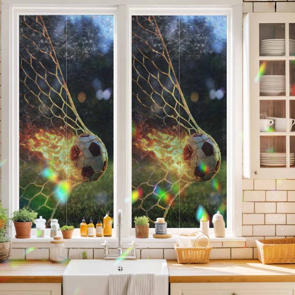 Flaming Soccer Window Privacy Film Art Goal Net Powerful Fire Orange Grass Green Static Cling Stained Glass Window Film Non-Adhesive Decorative Decals Rainbow Sticker 17.7"X39.3"