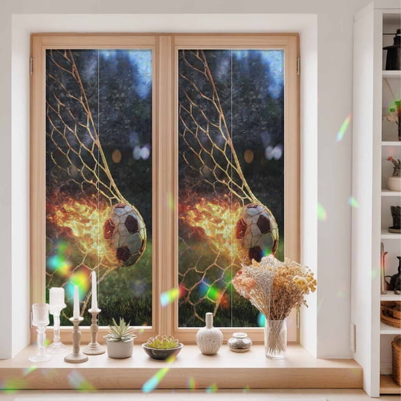 Flaming Soccer Window Privacy Film Art Goal Net Powerful Fire Orange Grass Green Static Cling Stained Glass Window Film Non-Adhesive Decorative Decals Rainbow Sticker 23.6"X59"