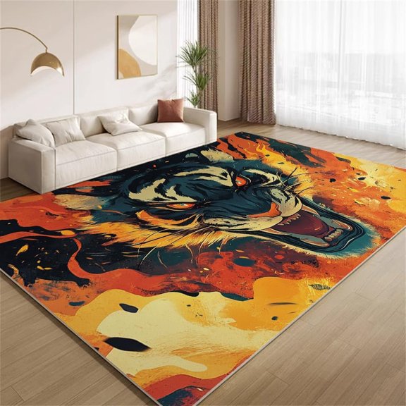 Flaming Tiger Area Rugs, Fierce Animal Pattern Carpet, Washable Non Slip Low Pile Soft Rug for Living Room Bedroom Gameroom Decor Mat 2ftx3ft