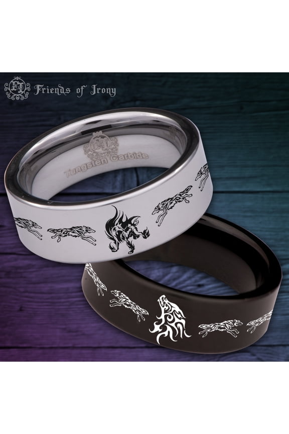 Flaming Wolf Tungsten Carbide Ring