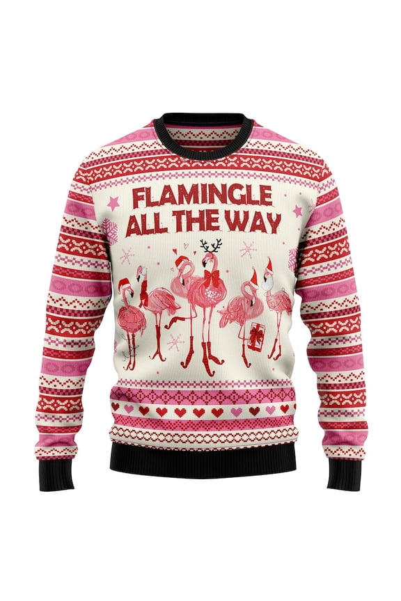 Flamingle All The Way Christmas Sweater, Funny Flamingo Ugly Xmas Shirt, Tropical Holiday Pullover, Pink Festive Unisex Gift