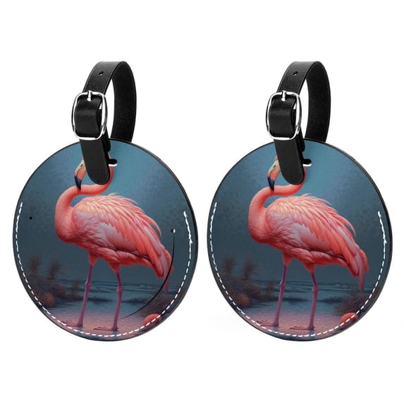 Flamingo 2pcs PU Leather Round Bag Tags Suitcase Handbag Tags with Privacy Cover and Name ID Tag for Travel Luggage, Handbags, Backpacks, School Bags