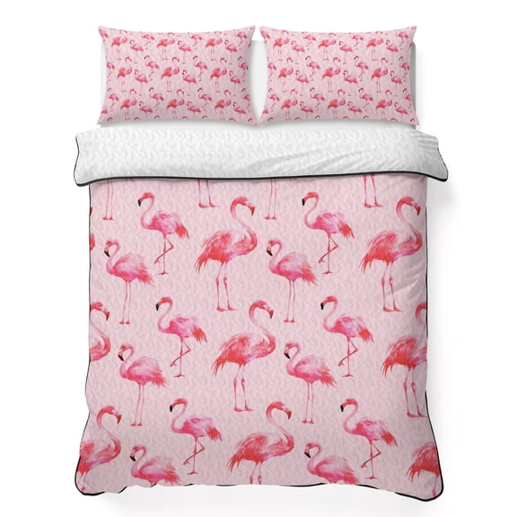 Flamingo 3 Piece Quilt Bedding Set with 2 Pillow Shams, Vintage Watercolor Pink Flaming Birds Pink Background Lightweight Bedspread Coverlet, Soft Breathable All Season Quilt, 68 x 98 Inch