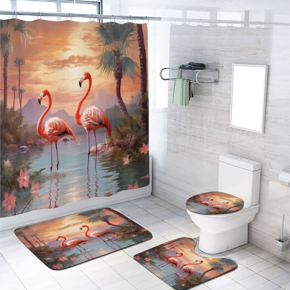 Flamingo 4 Piece Shower Curtain Sets Tropical Seaside Coastal Sunset Scene Bath Curtain for Bathroom Waterproof Fabric Bathroom Decor Set, 72x72 Inch
