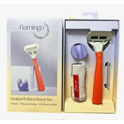 Flamingo 5-Blade Razors for Women - 1 Razor Handle + 1 Exfoliating Mitt + 1 Shower Holder - Papaya