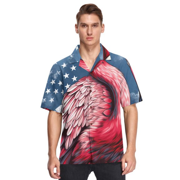 Flamingo American Flag Men's Hawaiian Wrinkle Free Button Down Short Sleeve Shirt Casual Shirts Beach Shirts