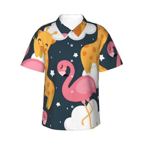 Flamingo And Giraffe Cute Animal Men's 3d Print Casual Button Down Shirts, Novelty Hawaiian Short Sleeves Xl
