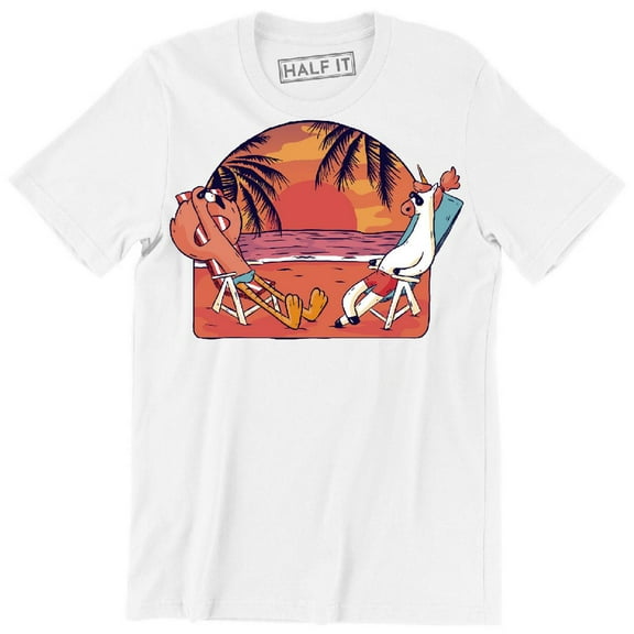 Flamingo And Unicorn Sitting On Beach Chairs Funny Relaxing Animal T-Shirt