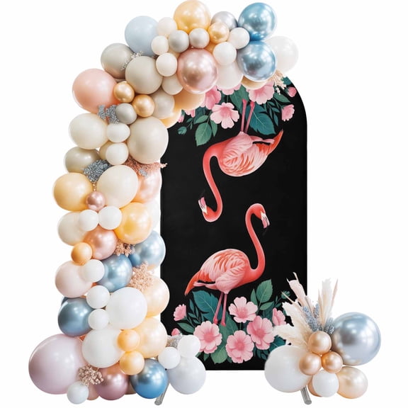 Flamingo Arch Backdrop Cover 4 FT Pink Flower Leafs Plants Watercolors Black Stretchy Elastic Arch Stand Covers Spandex Arched Background Birthday Wedding Party Decoration (No Stand)