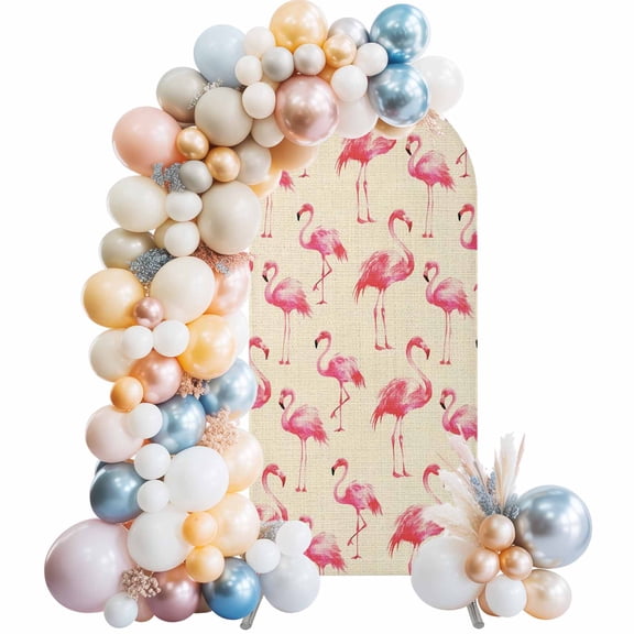 Flamingo Arch Backdrop Cover 4 FT Vintage Watercolor Pink Flaming Birds Linen Texture Stretchy Elastic Arch Stand Covers Spandex Arched Background Birthday Wedding Party Decoration (No Stand)