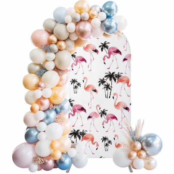 Flamingo Arch Backdrop Cover 4 FT Watercolor Pink Orange Flamingo Tropical Coconut Tree Stretchy Elastic Arch Stand Covers Spandex Arched Background Birthday Wedding Party Decoration (No Stand)