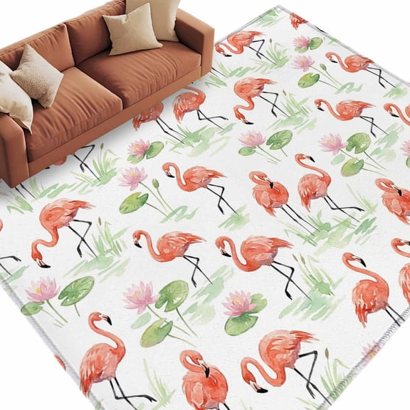 Flamingo Area Rug 5x8 Washable Rug Non Slip Pink Red Flamingo Tropical Watercolor Flower Leaf Plant Large Area Rug Soft Stainresistant Carpet for Living Room Bedroom Home Office Dining Room Nursery