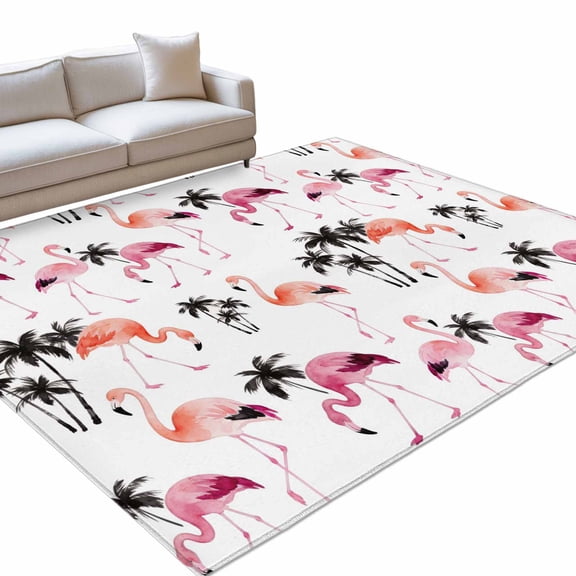 Flamingo Area Rug, Watercolor Pink Orange Flamingo Tropical Coconut Tree Non-Slip Felt Rubber Backing Rectangle Indoor Carpet Washable Rugs for Living Room Bedroom 9x12
