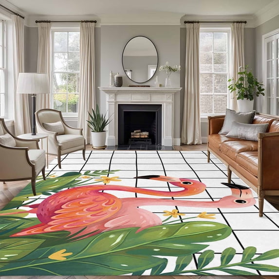 Flamingo Area Rugs 6'x9', Washable Small Throw Rugs for Kitchen Dining room, Summer Botanical Flowers Tropical Leaves Plaid Indoor Outdoor Rug Non-Slip Low Pile Carpet Runner Reversible Floor Mats