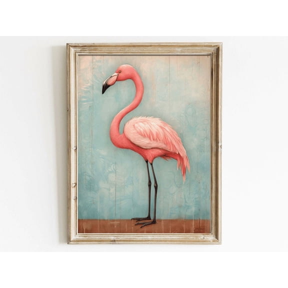 Flamingo Art Print, Vintage Wall Decor, Rustic Home Decor, Pink & Teal Art, Vintage Animal Print, Wall Art Wall Art, Modern Wall Decor, 8x12 UNFRAMED