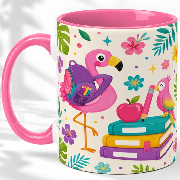 Flamingo Backpack Accent Mug, 11oz Ceramic Coffee Cup for Students