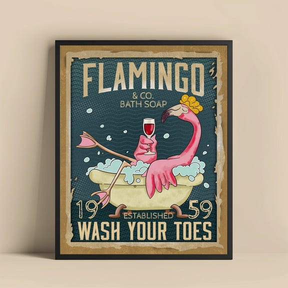 Flamingo Bath Soap Print, Retro Bathroom Decor, Vintage Flamingo Poster, Wall Art, Wash Your Toes Sign, Fun Bathroom UNFRAMED Poster, Wall Art for Decor, Present, 8x12