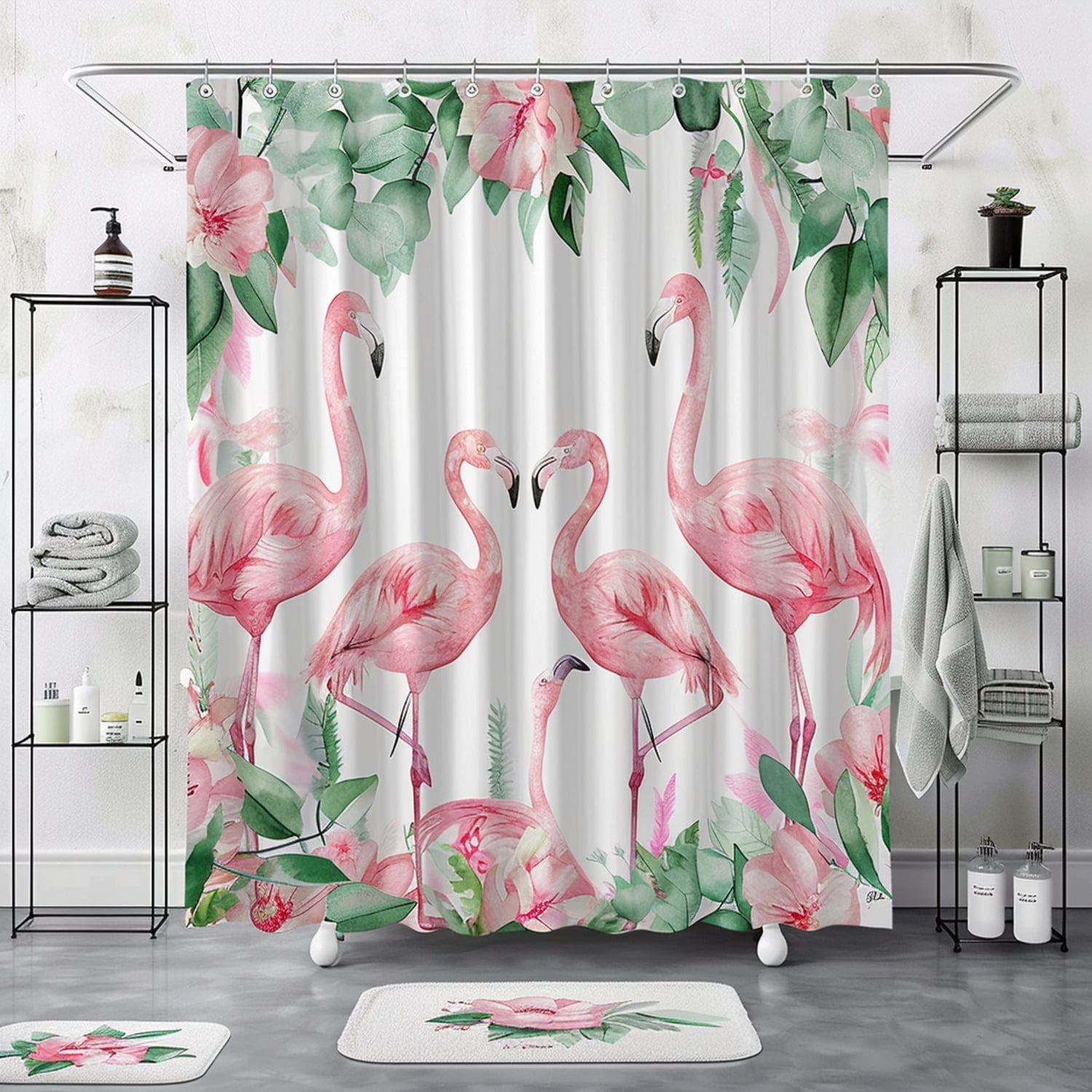 Flamingo Bathroom Set Vintage Floral Print Decor with Eucalyptus