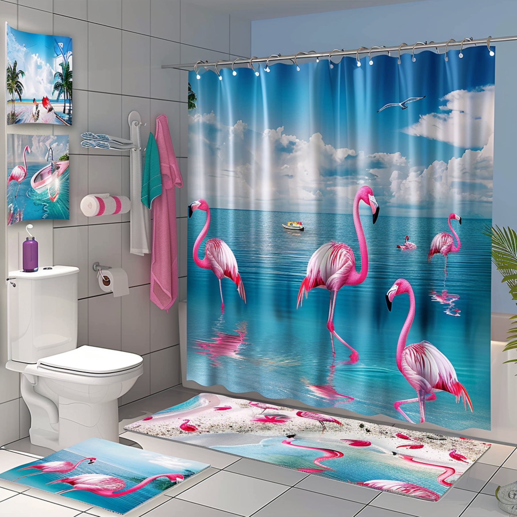 Flamingo Bathroom Set with Blue Sky Background Beach Theme Shower