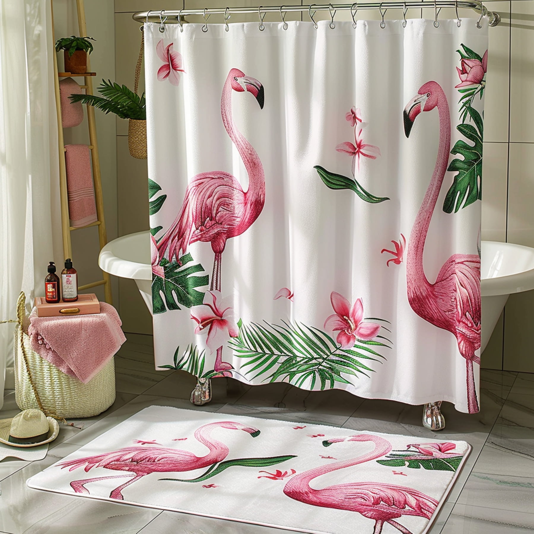 Flamingo Bathroom Set with Pink Flowers White Tub Curtain with