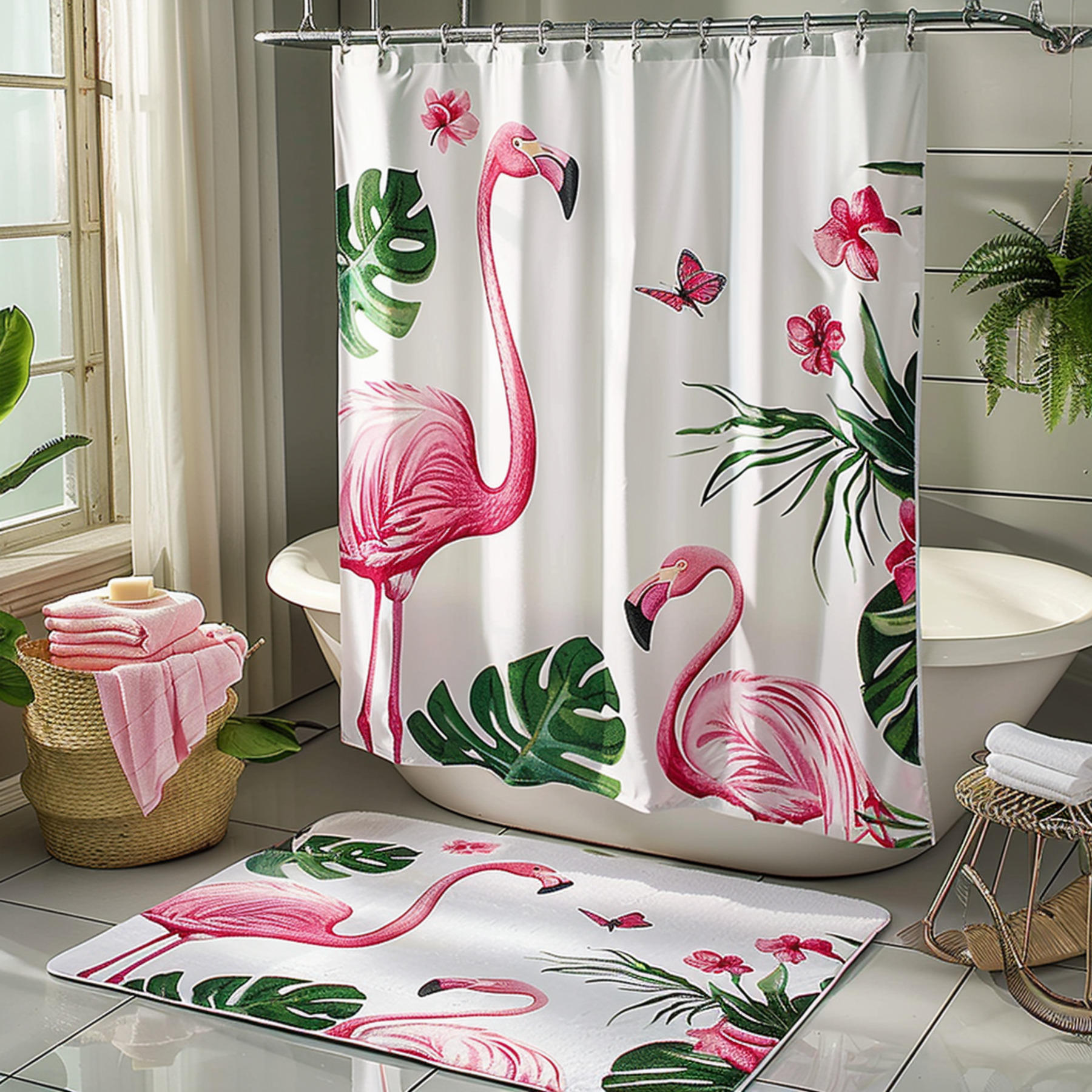 Flamingo Bathroom Set with Pink Tropical Flowers Matching s Shower