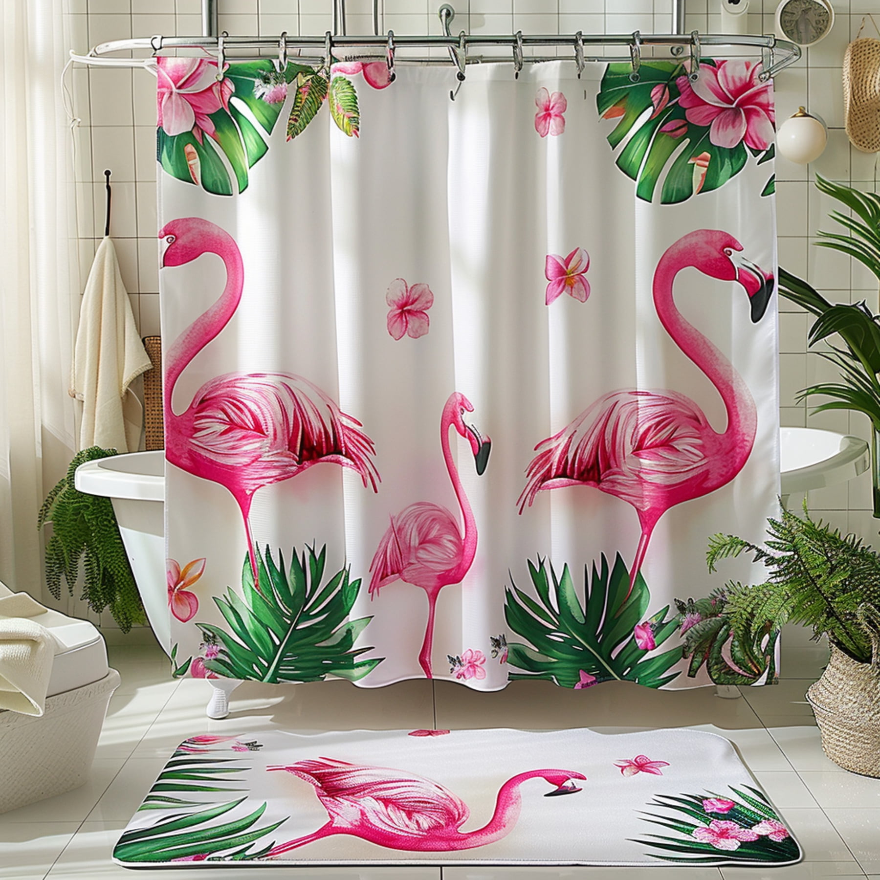 Flamingo Bathroom Set with Tropical Leaves Exotic Flowers Pink
