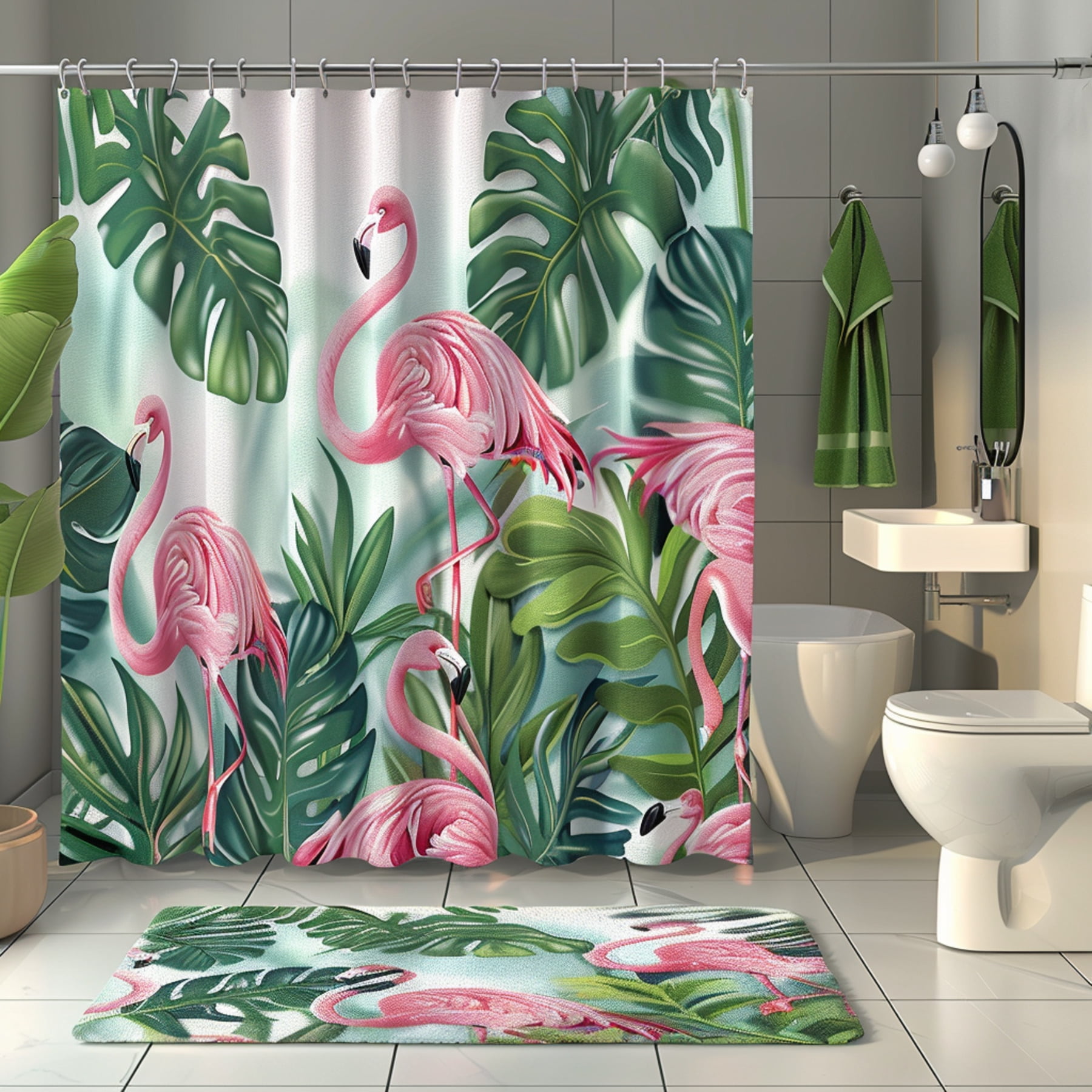 Flamingo Bathroom Set with Tropical Leaves Loom Animation Style Cartoon