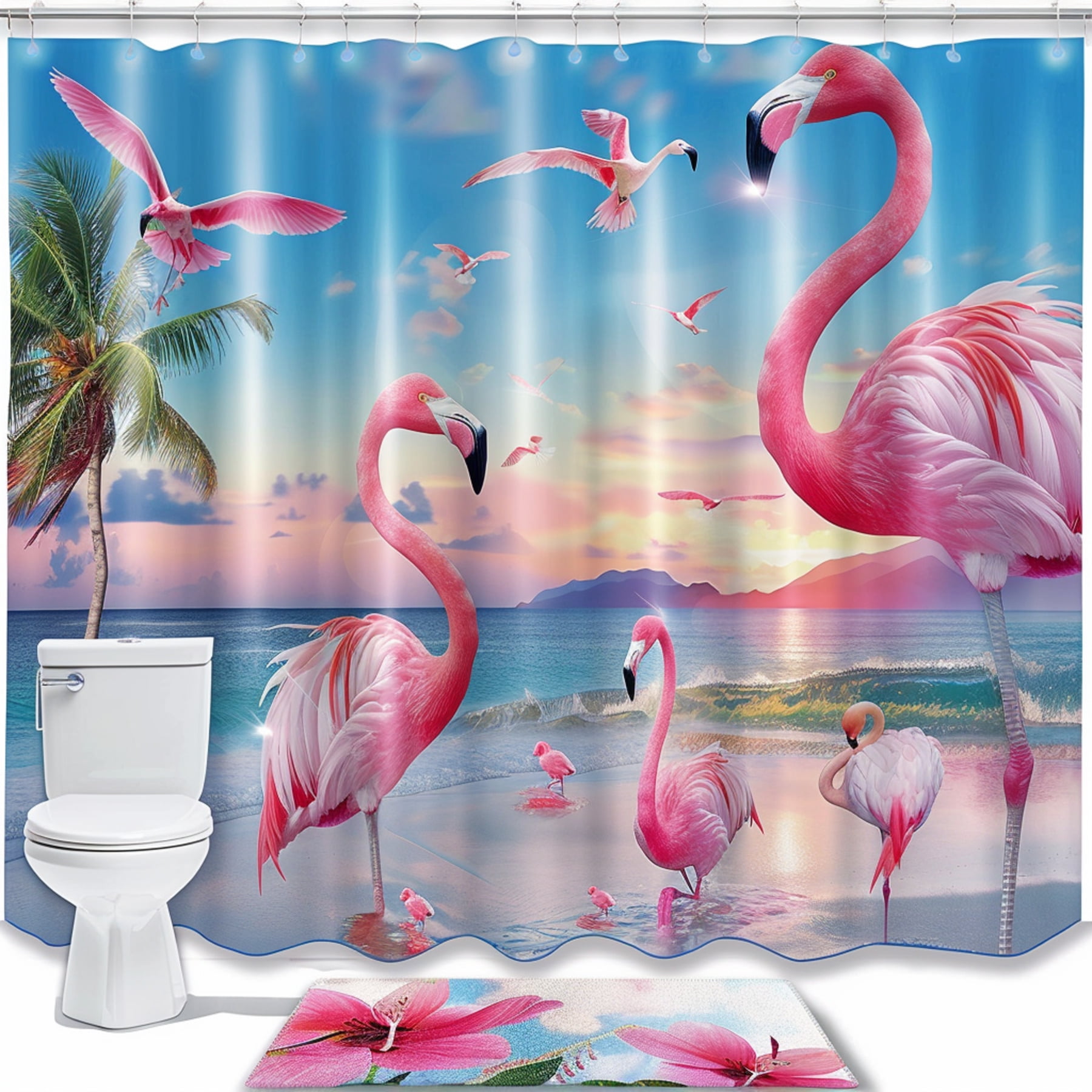 Flamingo Bathroom Set with Tropical Palm Tree Beach Scene Sunset Ocean