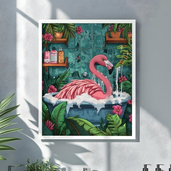 Flamingo In Bathtub Wall Art, Maximalist Funny Animal In Bath Wall Decor, Tropical Safari Bathroom Tropical Boho Funny Bathroom Art Wall Art, Modern Wall Decor, 8x12 UNFRAMED