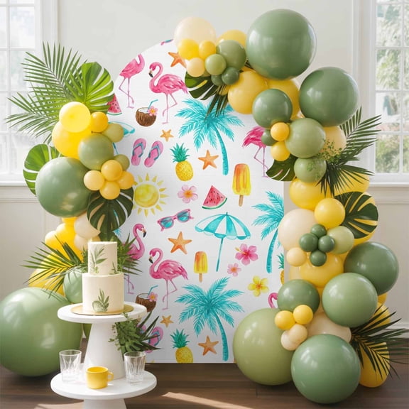 Flamingo Beach Arch Backdrop Cover, 5FT, Summer Tropical Coastal Cartoon Birds Palm Trees Spandex Arch Covers Double-Sided Backdrop for Wedding Birthday Party Photo Background Decoration