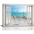 thumbnail image 1 of Flamingo Beach Bathroom Wall Art Tropical Palm Coastal Ocean Pictures Wall Decor Pink Flamingo 3d Window Canvas Prints Framed Modern Animals Painting Artwork for Bathroom Living Room Office 16"x12", 1 of 6