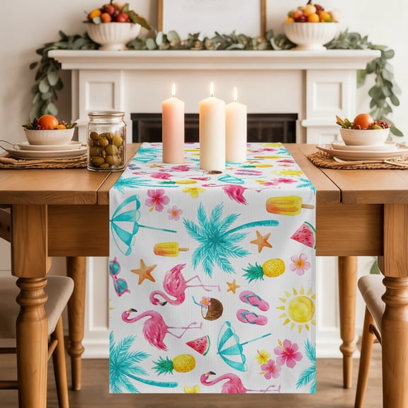 Flamingo Beach Dining Table Runner, Summer Tropical Coastal Cartoon Birds Palm Trees Washable Table Runners Kitchen Coffee Table Center Decor for Home Party Holiday Wedding 13 x 120 Inches