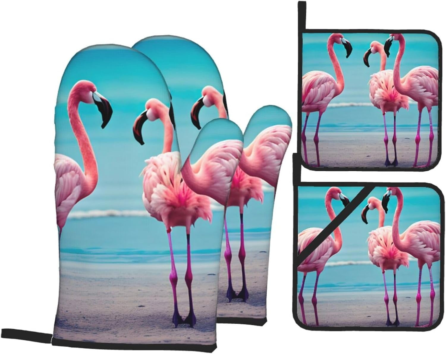 Flamingo Beach Print Oven Mitts and Pot Holders Sets of 4, Heat Resistant Kitchen Oven Gloves Hot Pads
