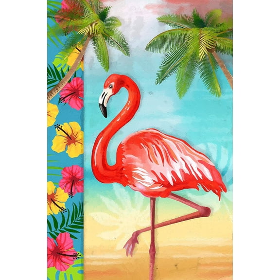 Flamingo Beach Summer Garden Flag Tropical Palm Trees Decoration Outdoor Yard Flag 12" x 18"