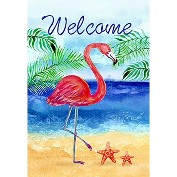 Flamingo Beach Summer House Flag Double Sided Welcome Tropical Palm Trees Outdoor Yard Flag 28 x 40 Inch